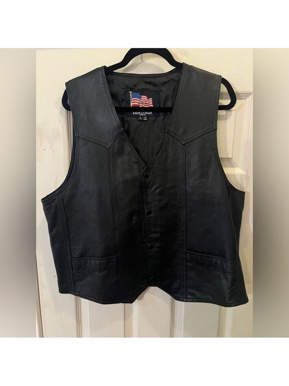 Leather Motorcycle Vest Eagle USA Flag Patch Logo Conceal Pocket